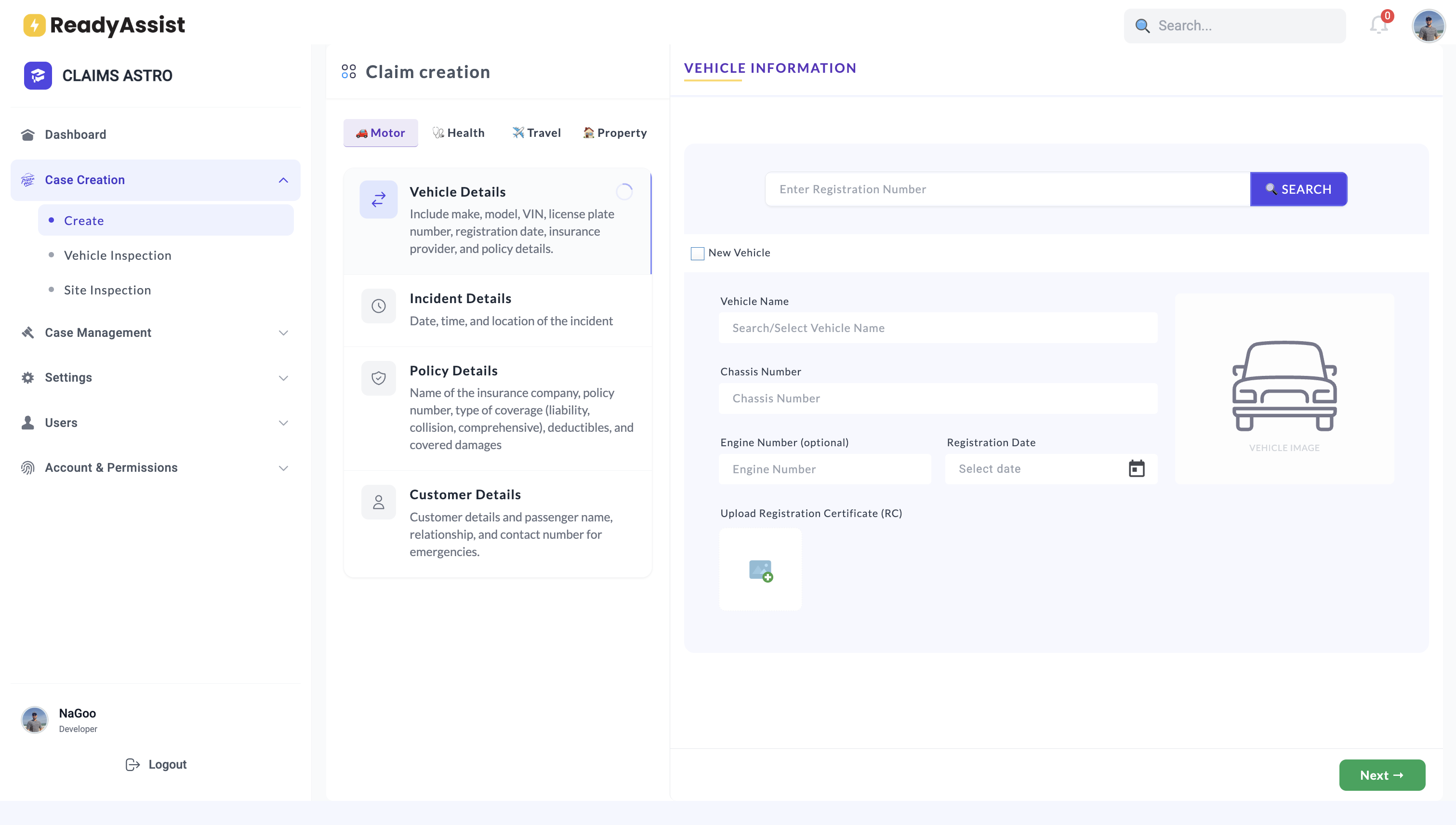 AI claims dashboard interface